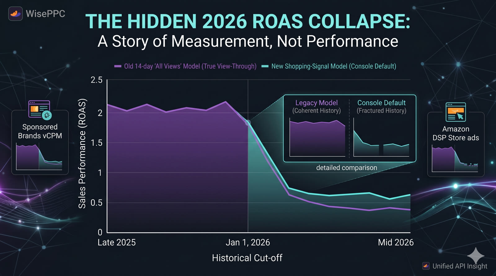 Chart showing the 2026 ROAS collapse: the old 14-day 'all views' attribution model stays near 2.0 ROAS while the new shopping-signal model drops to ~0.5 after January 1, 2026 — measurement change, not performance change.