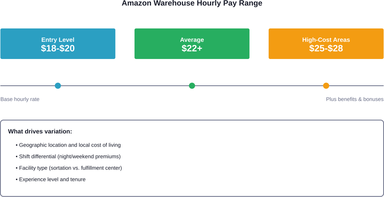ABD lokasyonlarında Amazon depo ve sipariş karşılama rolleri için saatlik ücret dağılımı